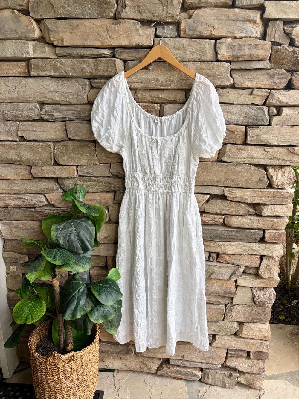 Madewell White Puff-Sleeve Smocked Peasant Maxi Dress Short Sleeve Smocked waist